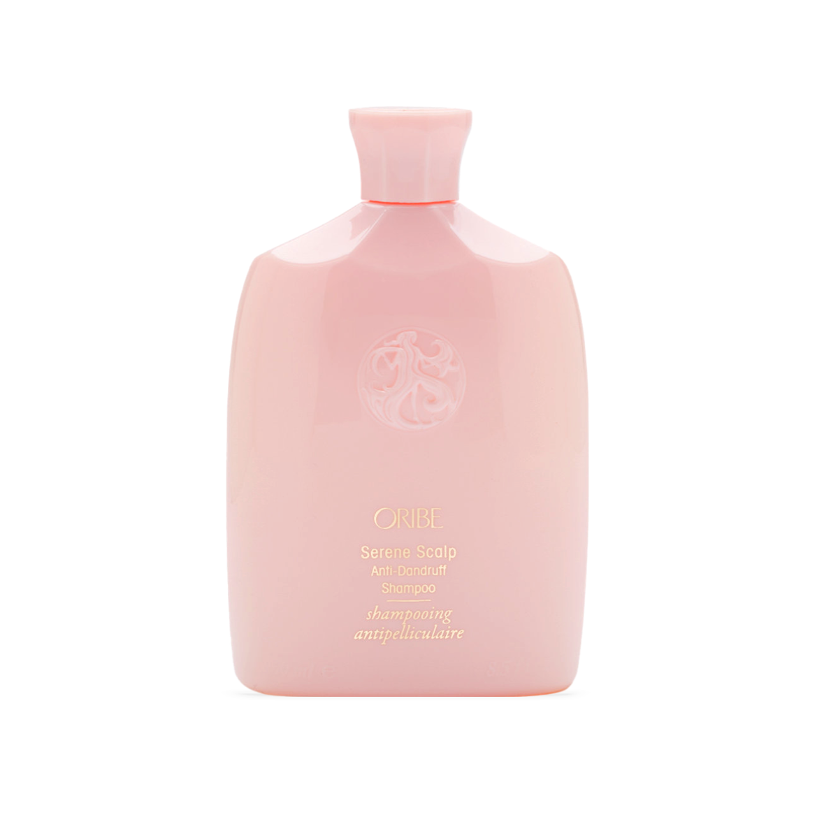 Oribe Serene Scalp Anti-Dandruff Shampoo 8.5 Oz. bottle, pale pink with elegant branding, a luxury hair care product designed to soothe, moisturize, and treat dandruff-prone scalps.