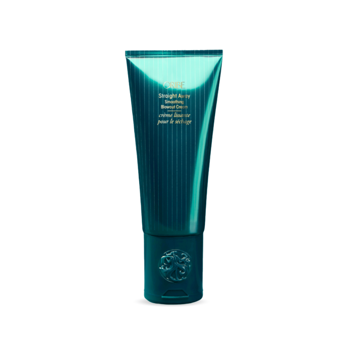 Oribe Straight Away Smoothing Blowout Cream 5 Oz. tube, a teal-colored hair styling product for creating sleek and straight hairstyles while offering heat protection and controlling frizz.