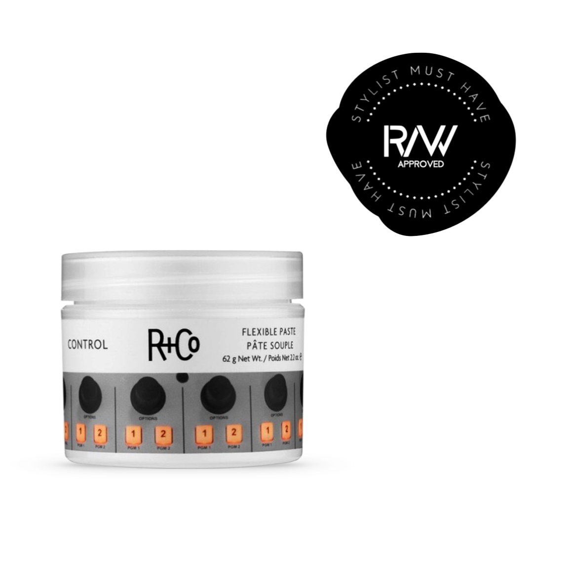 R+Co Control Flexible Paste, 2.2 oz jar with amplifier knob design, adorned with the 'Stylist Must-Have' RAW Hair & Co. seal.