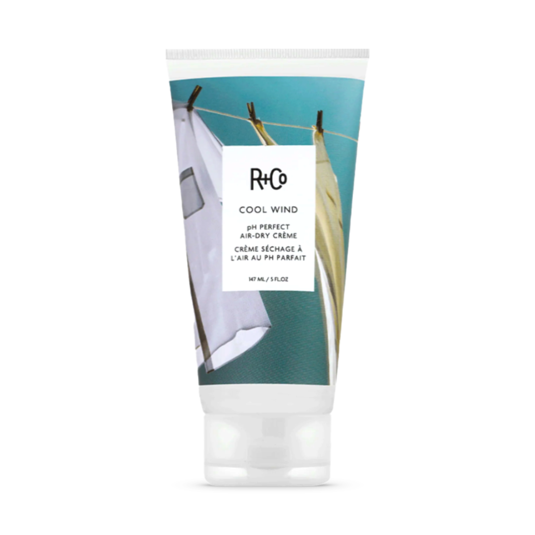 R+Co Cool Wind PH Perfect Air-Dry Cream, 5 oz tube, for styling and enhancing natural hair texture, displayed with clothespins and paper background.