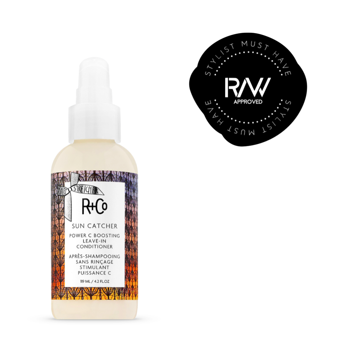 A semi-clear bottle with a white spray pump, labeled R+Co Sun Catcher Power C Boosting Leave-In Conditioner. The label features a mosaic pattern in warm tones suggesting the nurturing power of the sun. Contains 119ml/4.2fl.oz for revitalizing hair care.