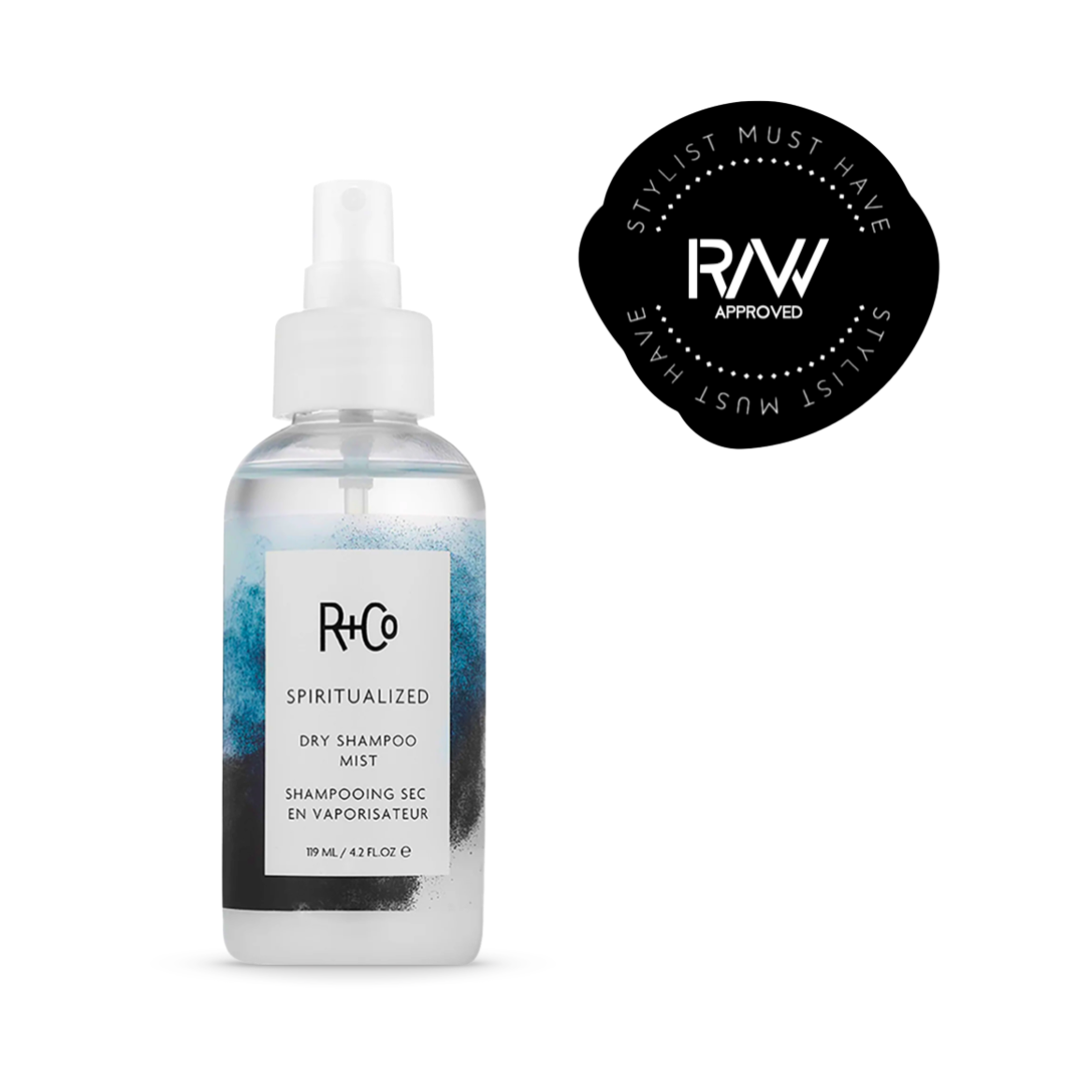 Clear bottle with a white spray nozzle of R+Co Spiritualized Dry Shampoo Mist, 4.2oz. The label features the distinctive R+Co logo with a smoky blue watercolor design, emphasizing its micellar formula that refreshes hair without powdery residue.