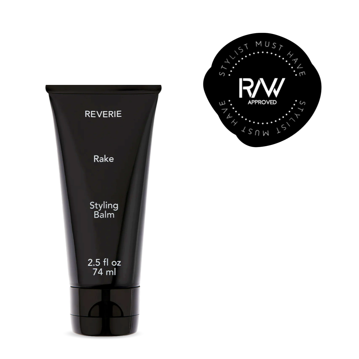 Reverie Rake Styling Balm in a sleek black tube with minimalist design, size 2.5 fl oz / 74 ml, labeled as a stylist must-have for hair care.