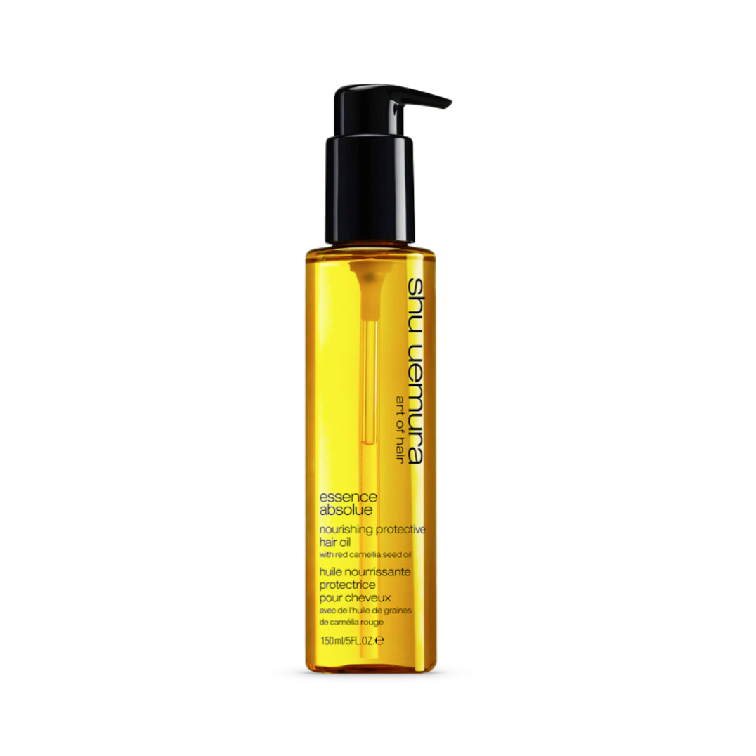 Shu Uemura Essence Absolue Nourishing Protective Oil in a 150ml clear bottle with a black pump, infused with camellia oil for intense hair hydration and shine.