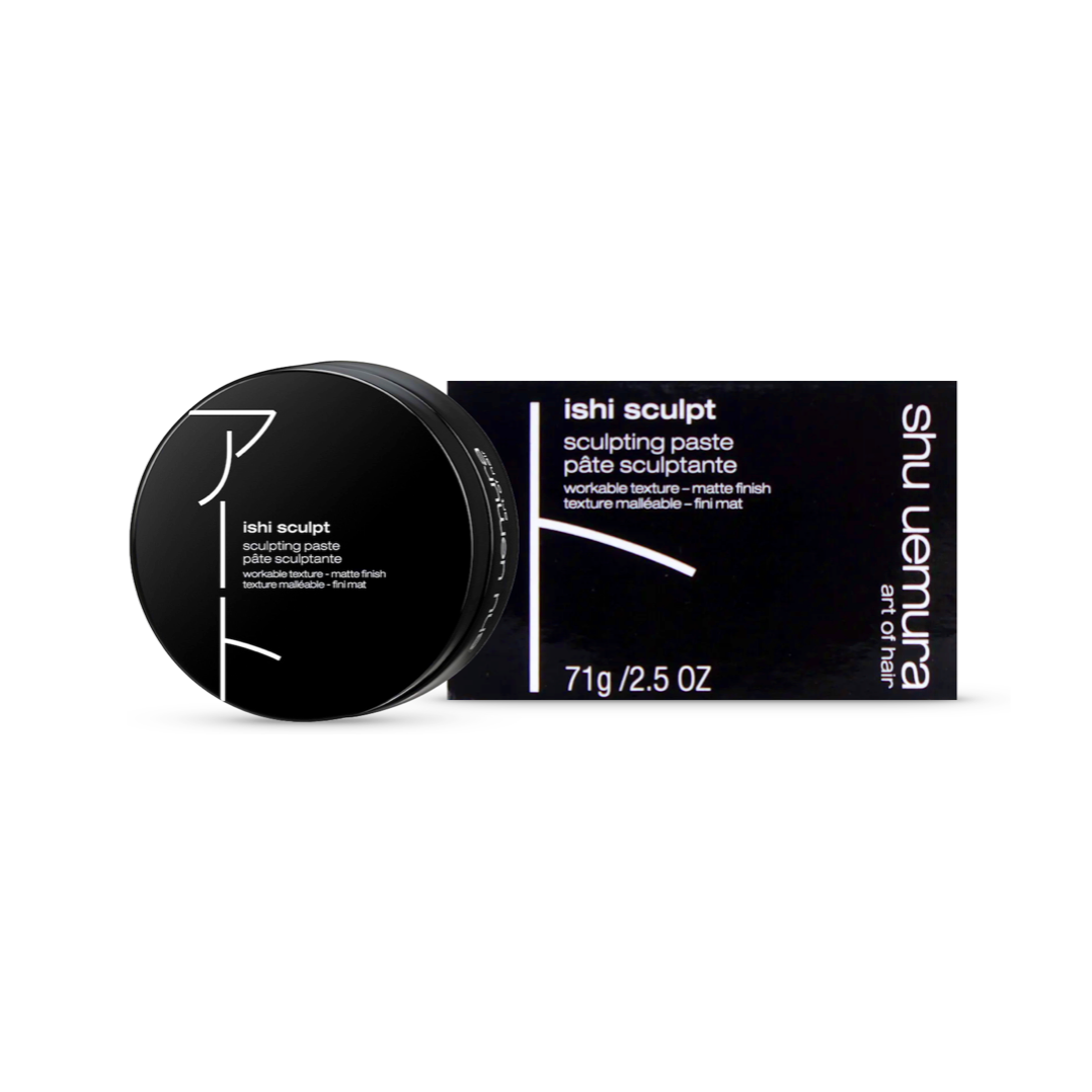 Shu Uemura Ishi Sculpt sculpting paste in a 71g / 2.5 oz black container with a white label, providing workable texture and a demi-matte finish for versatile hair styling.