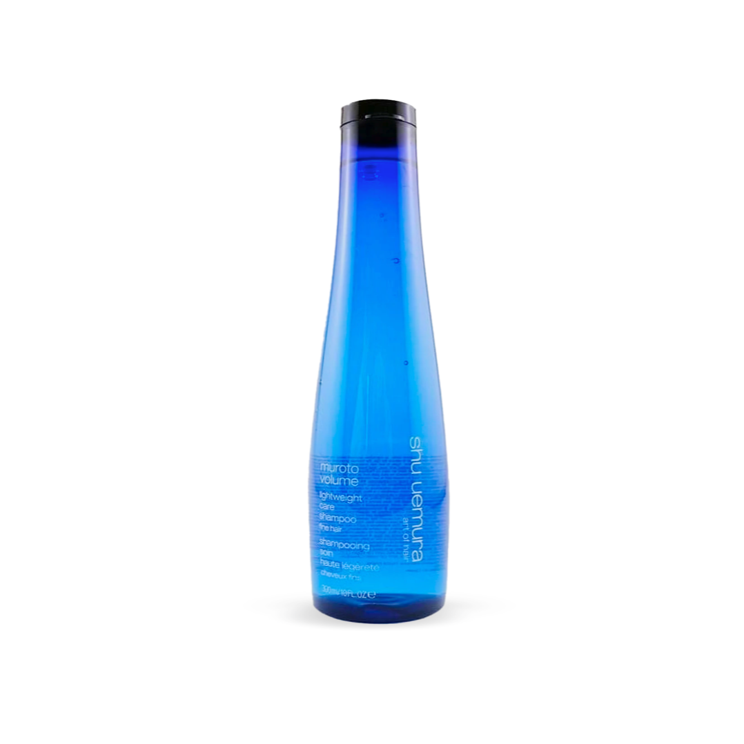 Shu Uemura Muroto Volume Lightweight Care Shampoo bottle, 300ml/10oz, with a clear blue gradient design and black cap, for fine hair.